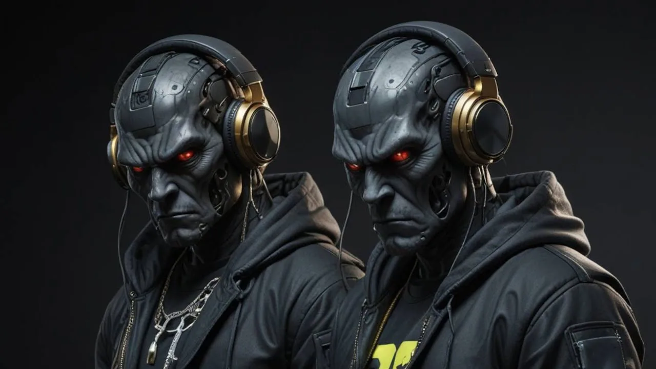Algorithmic Illness artwork featuring two robots wearing headphones against a dark background