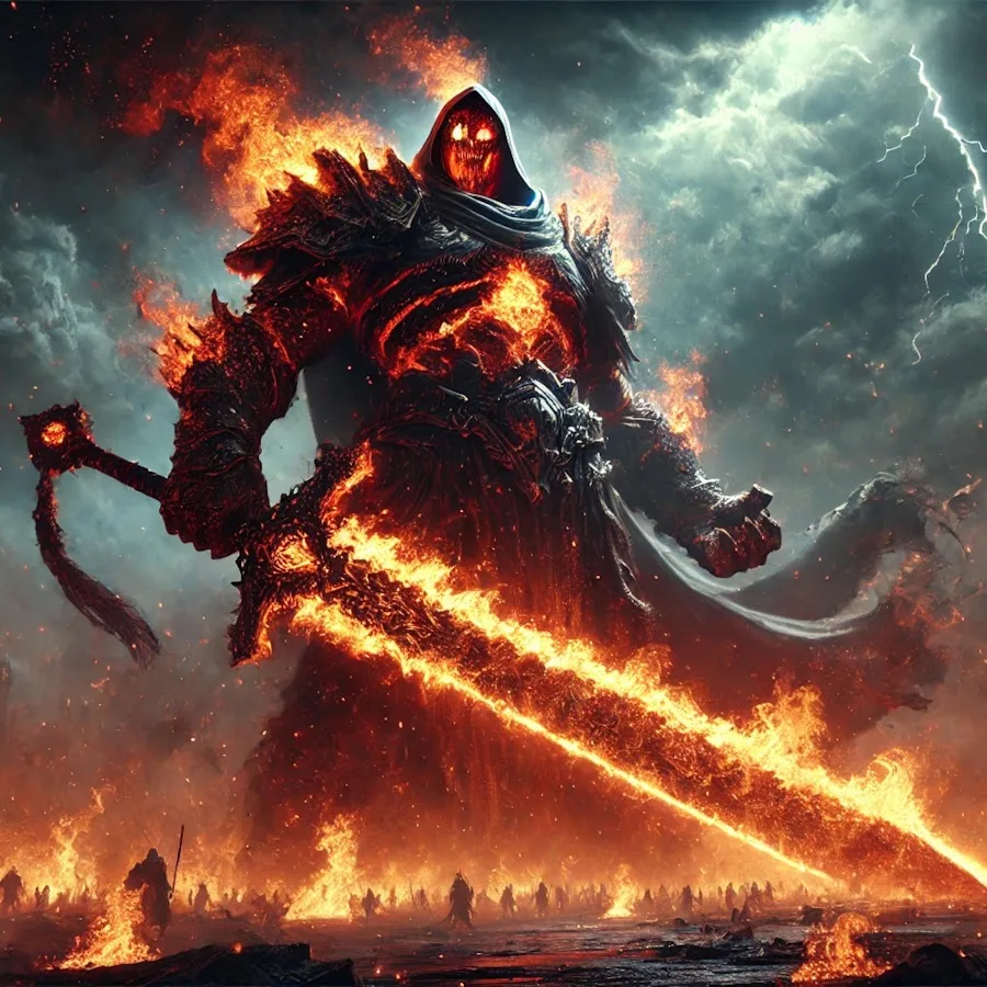 Algorithmic Inferno channel artwork featuring a fire-armored figure