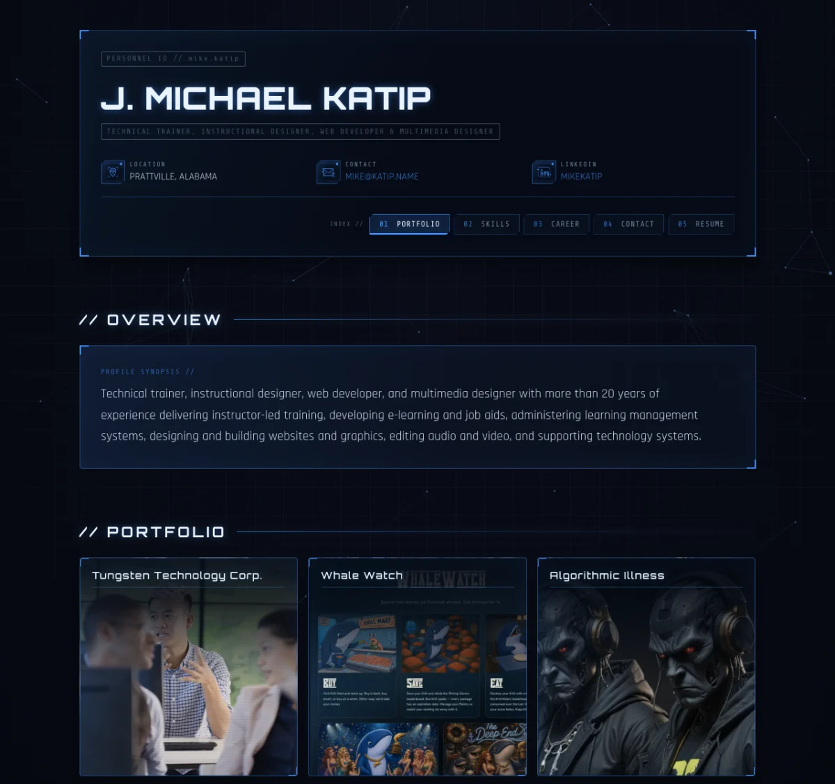 The mike.katip.name header, profile overview, and portfolio cards in its futuristic dossier interface