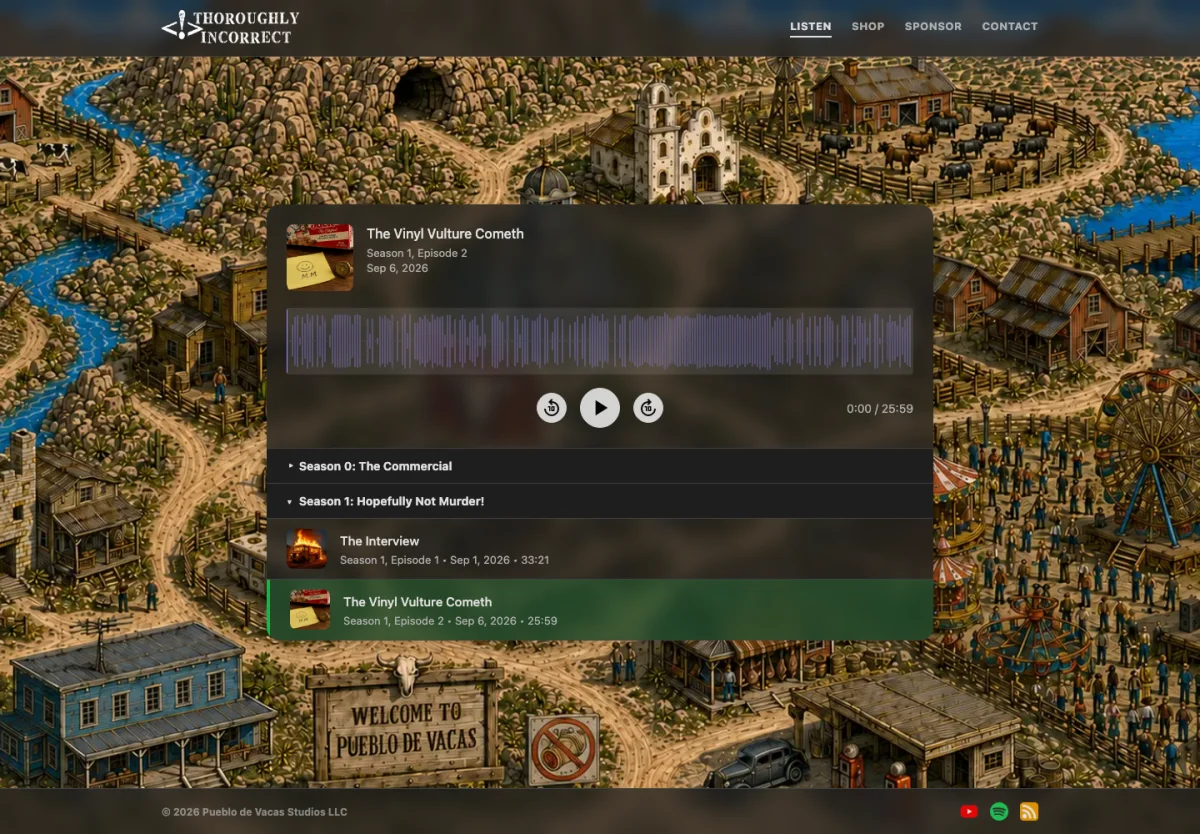 Thoroughly Incorrect podcast website with waveform player and episode navigation