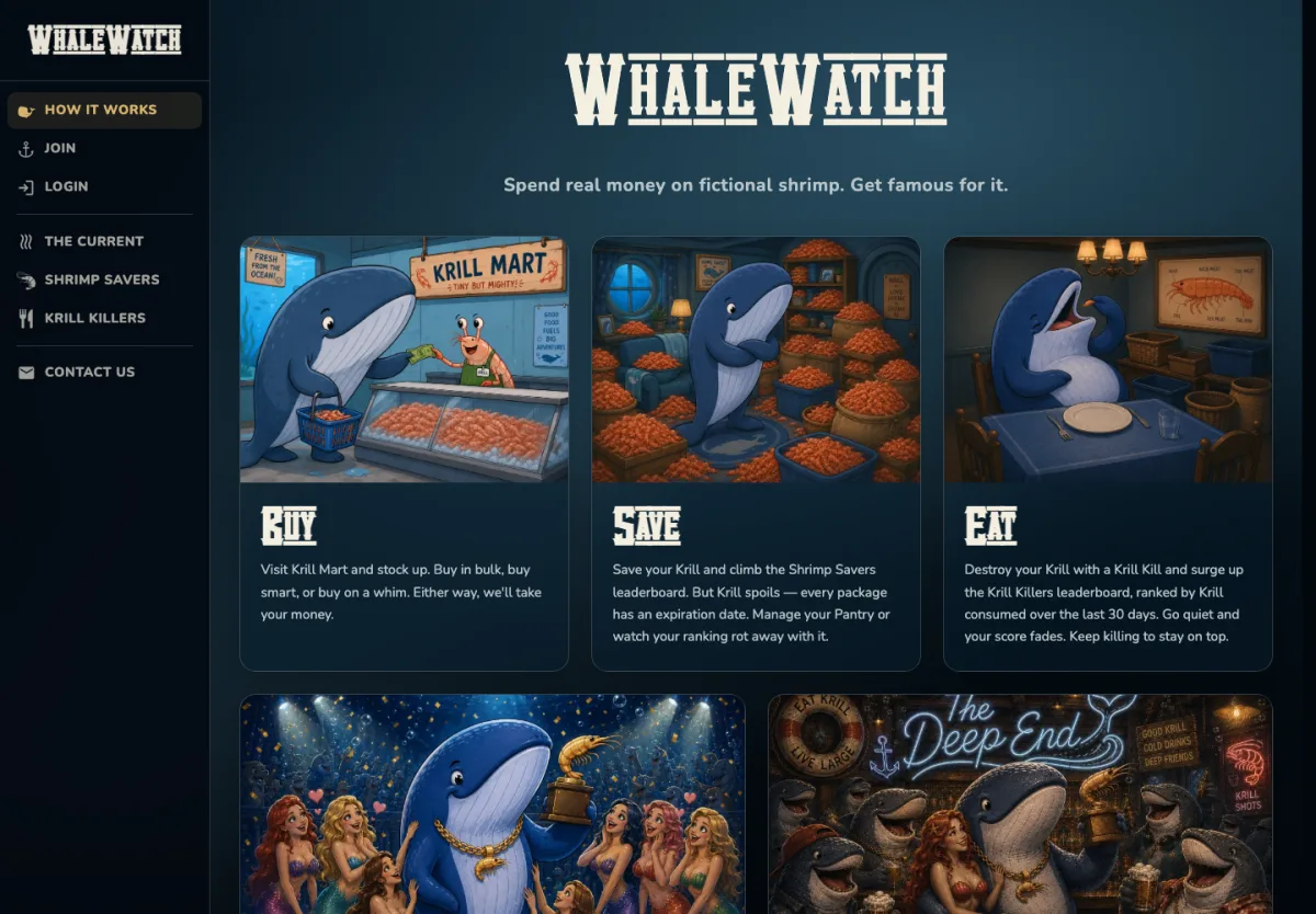Whale Watch How It Works page explaining how players buy, save, and consume fictional Krill